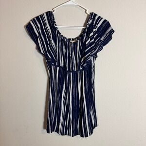 Faded Glory Womens Navy Blue White Striped Off Shoulder Ruffle Top Size M 8-10